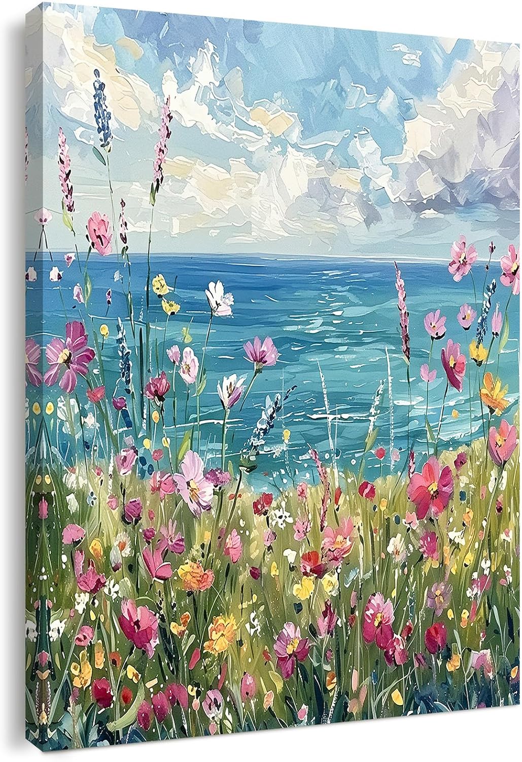 Canvas Wall Art Framed – Coastal Wildflower Meadow Artwork Colourful Seaside Oil Painting Style Wall Decor for Living Room Bedroom Hallway or Entryway Home