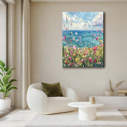 Canvas Wall Art Framed – Coastal Wildflower Meadow Artwork Colourful Seaside Oil Painting Style Wall Decor for Living Room Bedroom Hallway or Entryway Home