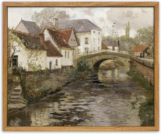 Vintage Framed Wall Art,12x16in Country Oil Painting,Belgian Village Canal Print,European City,Rustic Decor,Antique Painting,Moody Autumn Farmhouse Artwork for Living Room Bedroom Office Gift