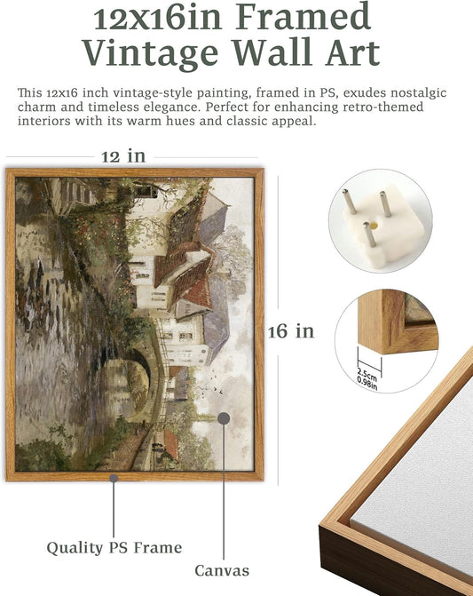 Vintage Framed Wall Art,12x16in Country Oil Painting,Belgian Village Canal Print,European City,Rustic Decor,Antique Painting,Moody Autumn Farmhouse Artwork for Living Room Bedroom Office Gift