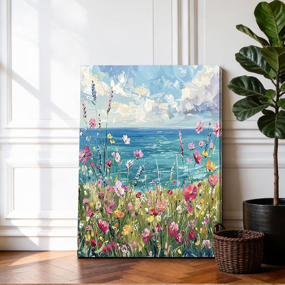 Canvas Wall Art Framed – Coastal Wildflower Meadow Artwork Colourful Seaside Oil Painting Style Wall Decor for Living Room Bedroom Hallway or Entryway Home