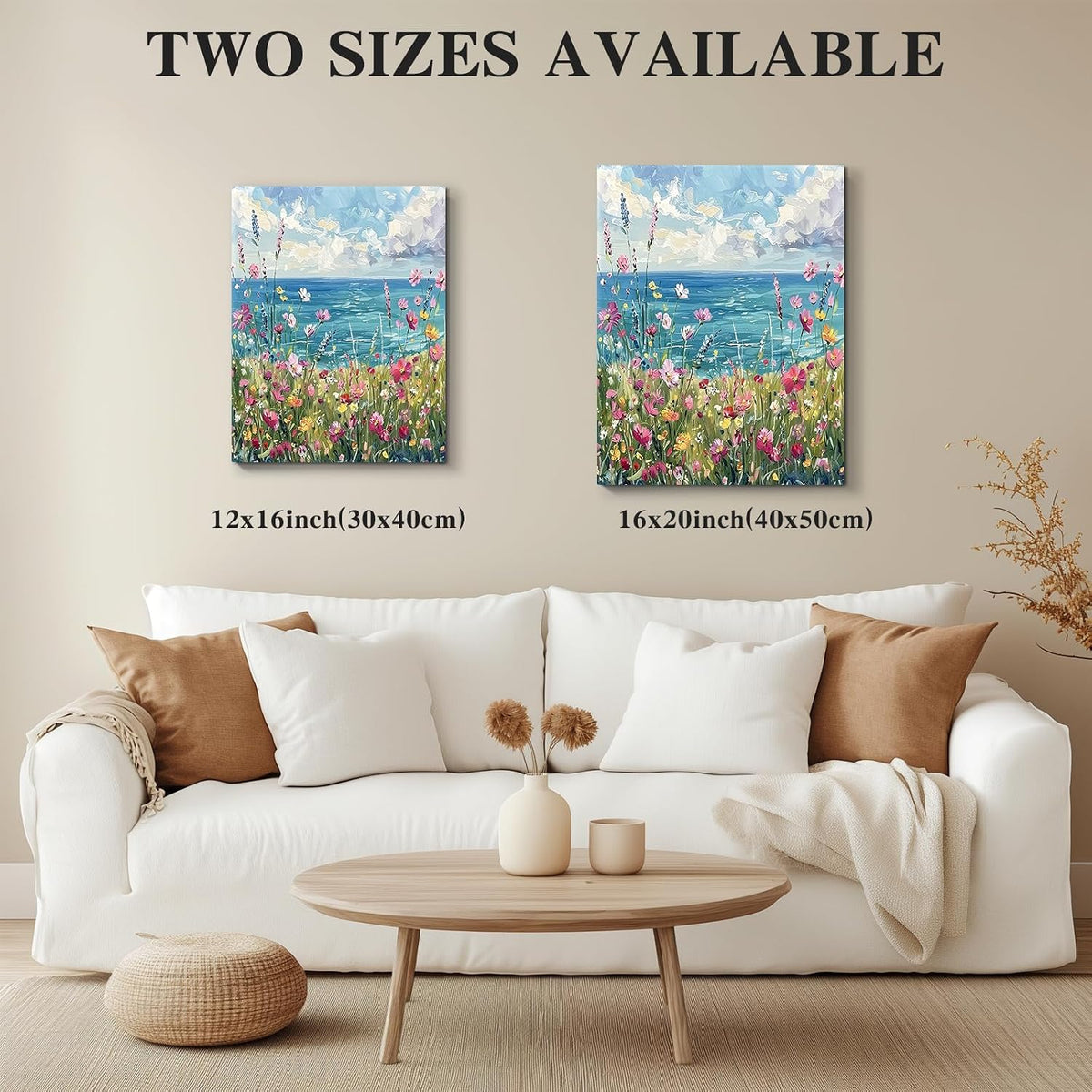 Canvas Wall Art Framed – Coastal Wildflower Meadow Artwork Colourful Seaside Oil Painting Style Wall Decor for Living Room Bedroom Hallway or Entryway Home