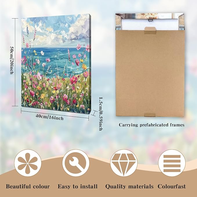 Canvas Wall Art Framed – Coastal Wildflower Meadow Artwork Colourful Seaside Oil Painting Style Wall Decor for Living Room Bedroom Hallway or Entryway Home