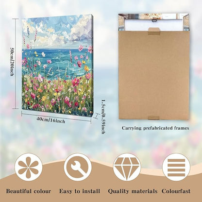 Canvas Wall Art Framed – Coastal Wildflower Meadow Artwork Colourful Seaside Oil Painting Style Wall Decor for Living Room Bedroom Hallway or Entryway Home
